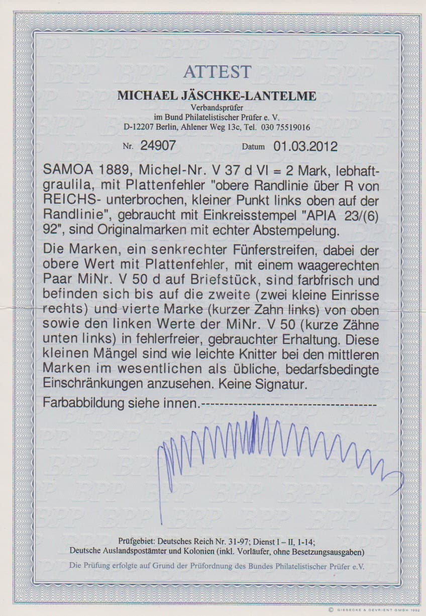 Los 952 - Vorläufer 2 Mk. graulila im senkrechten Fünferstreifen, oberer Wert mit Plattenfehler "gebrochene Randlinie", dieser tadellos (zwei Werte des Streifens kurzer Zahn bzw. kleine Einrisse), nebst Paar 50 Pfg. Krone-Adler, auf typisch erhaltenem Leinenbriefstück mit K1 von Apia, 23.6.1892. Seltene Vorläufer-Einheit der 2 Mk. (lose 7500,- Mi., der Plattenfehler ist im Michel nur mit "-.-" bewertet). Sign. Steuer und Attest Jäschke-L.